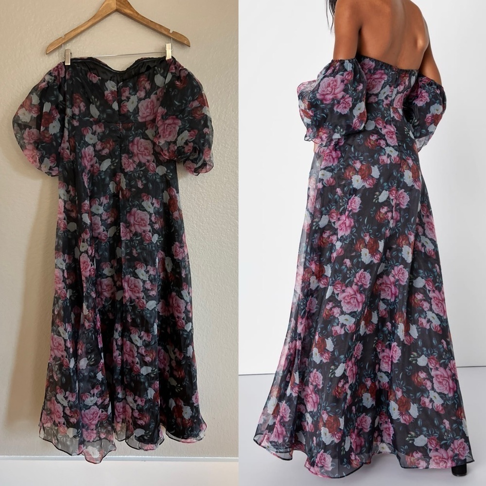 NWOT True Excellence Black Floral Bustier Off-The-Shoulder Maxi Dress - Picture 3 of 9